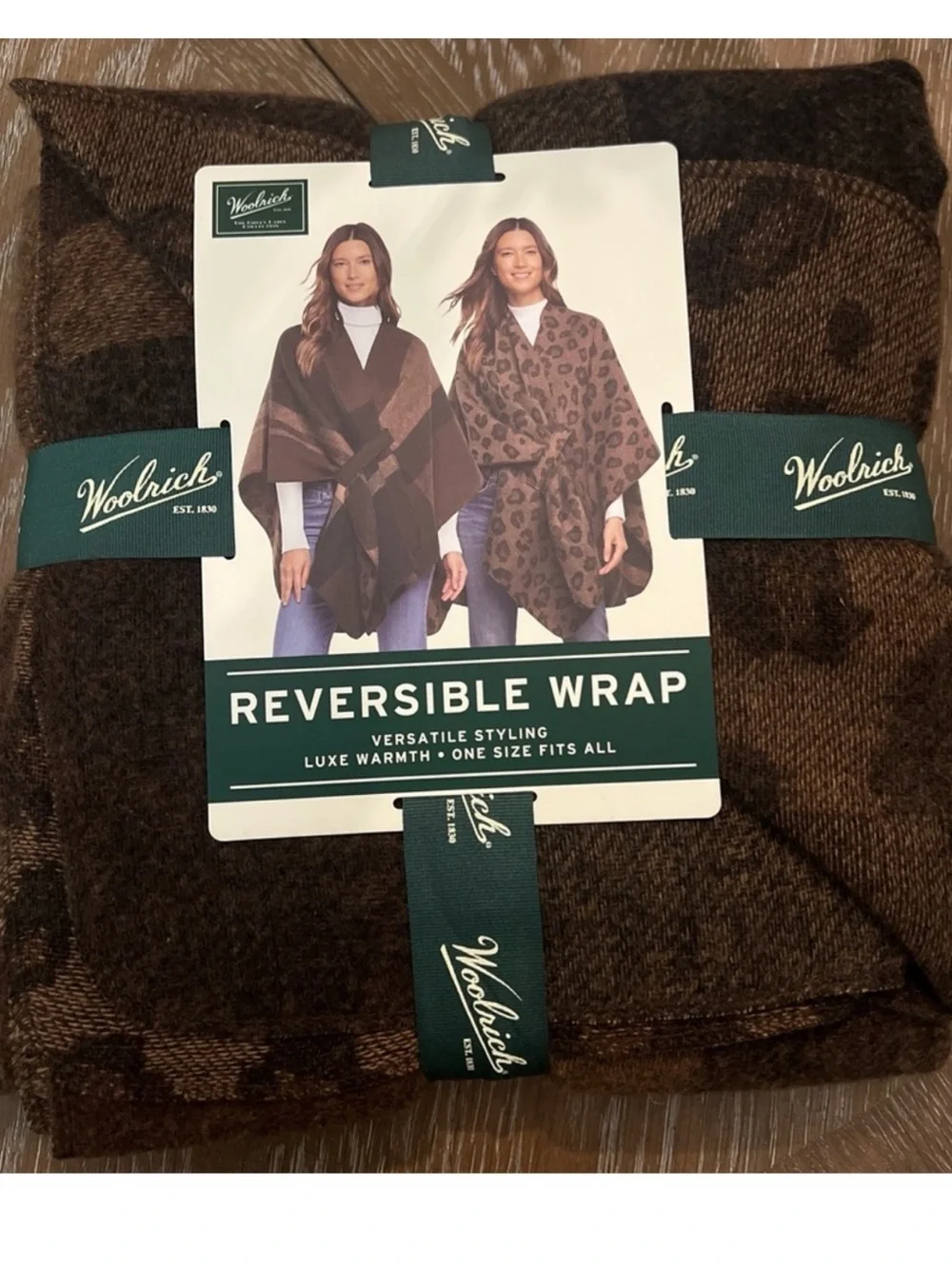 Woolrich Reversible Wrap Poncho Brown Plaid Leopard One Size NWT MSRP $79